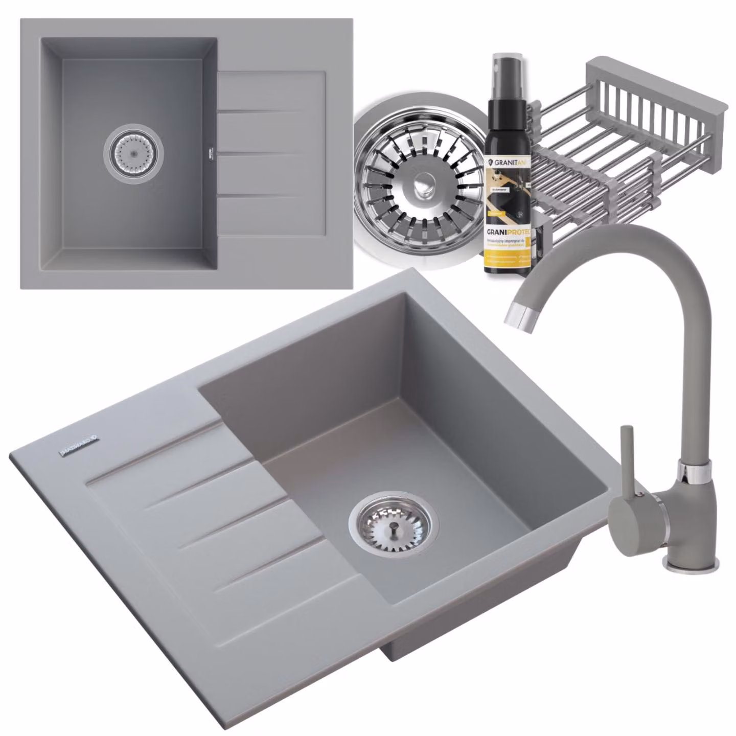 Granitan - Lavello in granito - Lavello da cucina - 57x46 cm - Grigio - con rubinetteria BETA e scolapiatti - MILANO