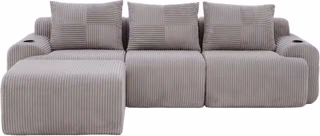 Divano modulare 3 posti 268 x 174 x 80 cm in velluto a coste grigio chiaro con pouf e portabicchieri