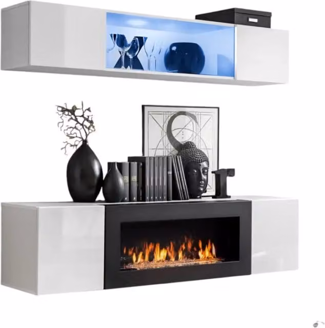 Mobili sospesi con camino decorativo collezione FLY N3. Colore bianco.