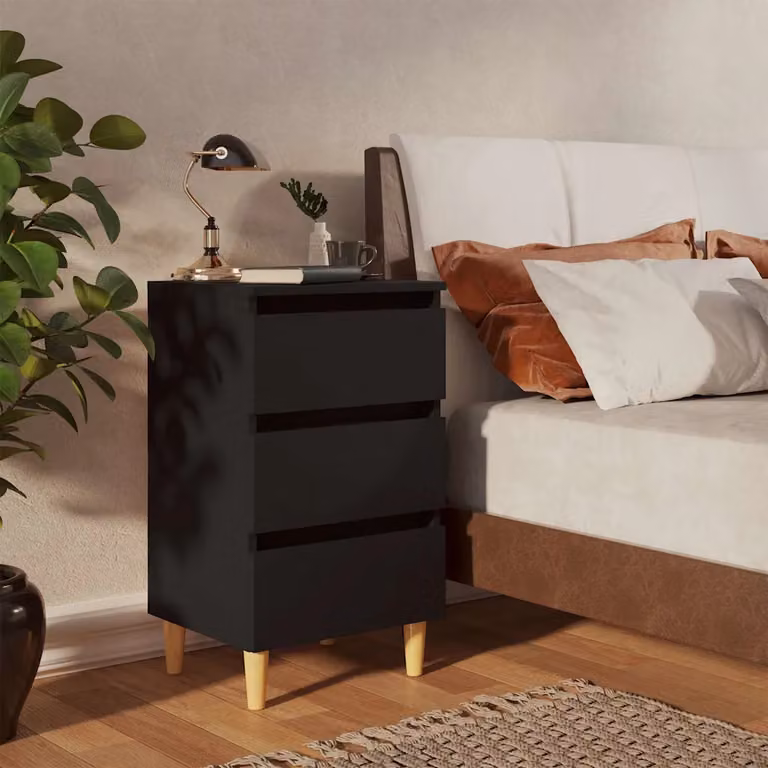 Comodino vidaXL Nero con Gambe in Legno Massello in Stile Scandinavo L: 40 cm, P: 35 cm, H: 69 cm