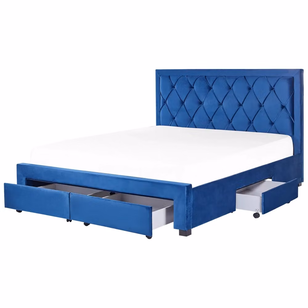 Letto contenitore Glam Design in velluto blu con cassetti e testiera alta trapuntata L/P: 180 x 200 cm – 2