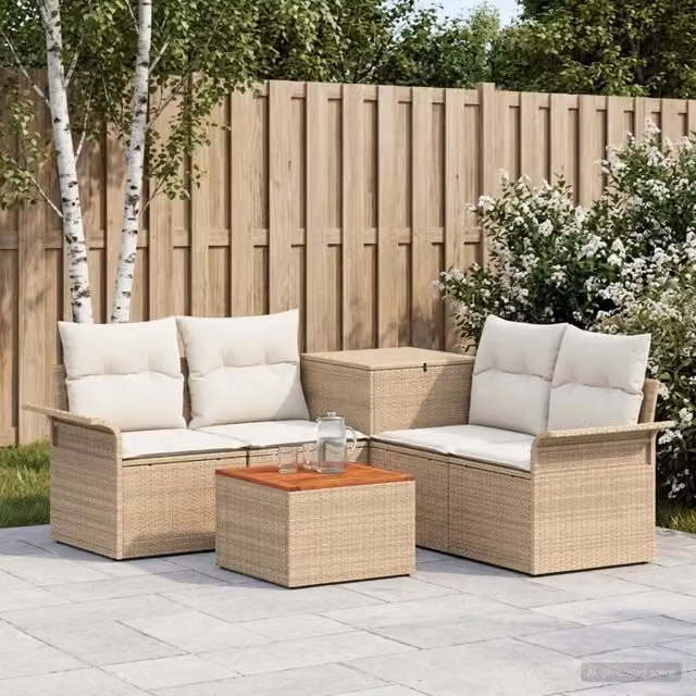 Set di divani da giardino a forma di L con tavolino vidaXL, 6 pezzi, Beige e Bianco – 1