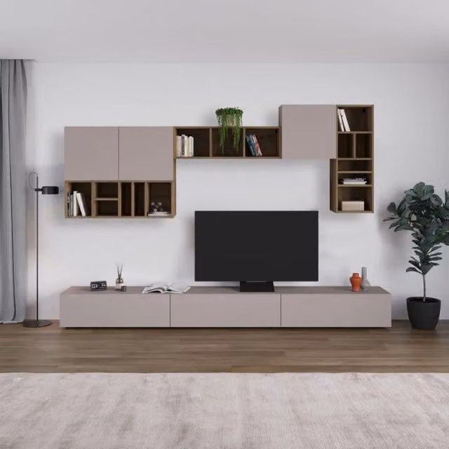 Parete attrezzata Big Effezeta Italia in colore light mocha e noce, design moderno per soggiorno, H 192 cm x L 300 cm x P 32.5 cm