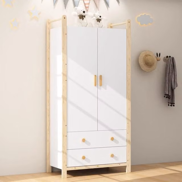 Armadio a 2 ante con barra appendiabiti e 2 cassetti per camera da letto e ingresso in pannelli di particelle bianco e pino