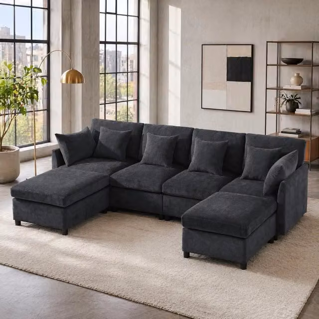 Divano modulare ULEVR 278x161 cm configurabile a L o U con 6 cuscini, rivestimento in chenille grigio