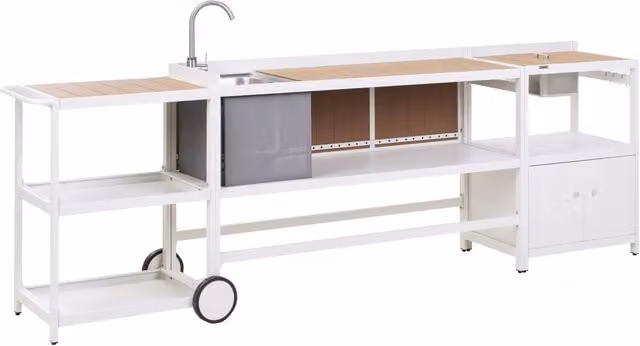 Set di 3 elementi per cucina all'aperto Bianco Alluminio Armadio di stoccaggio Isola Lavello Carrello Stazione di cucina all'aperto