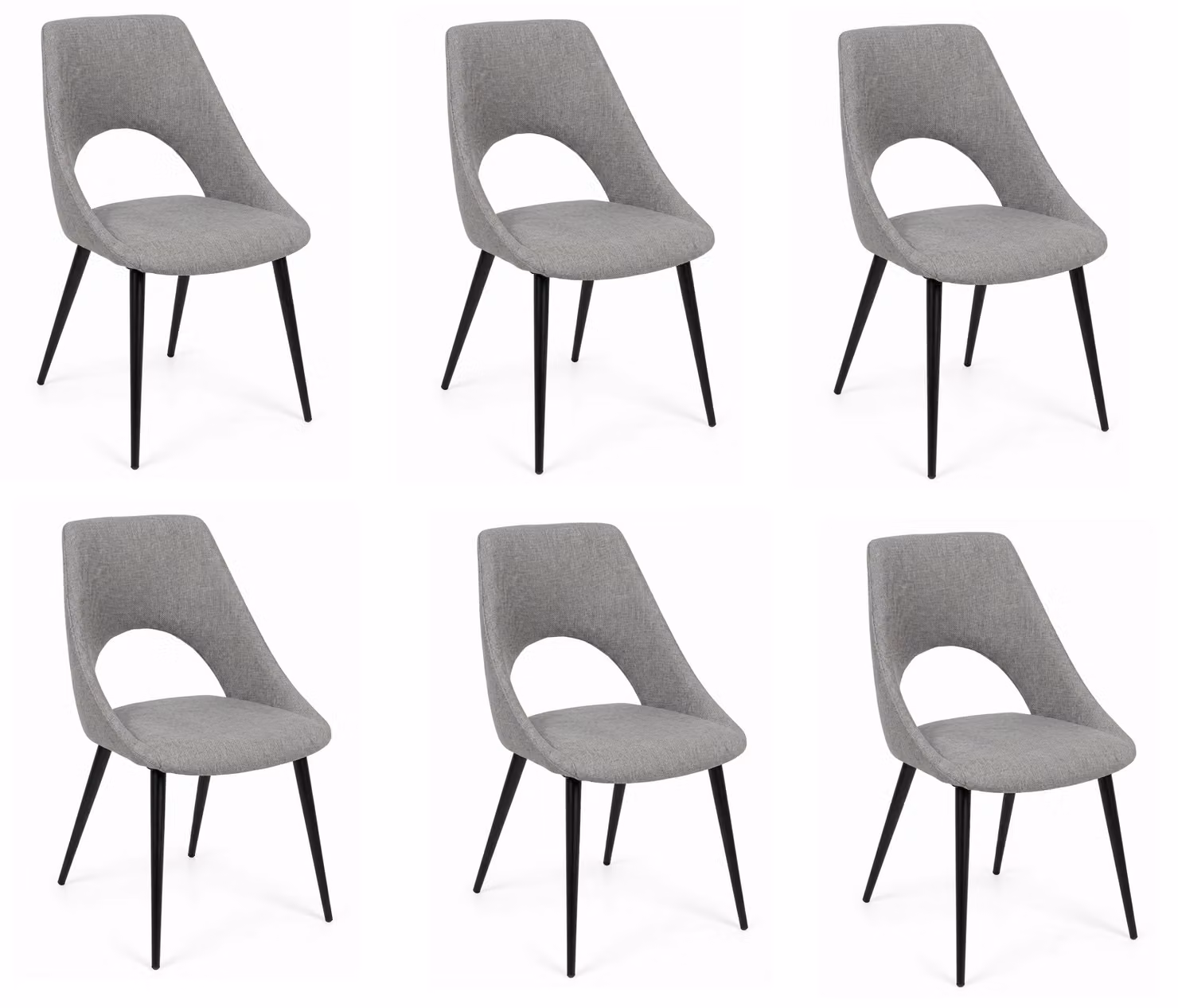 Eleganti sedie da pranzo, set di 6, colore grigio, rivestimento in tessuto, gambe nere, design moderno