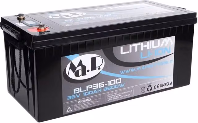 Batteria agli ioni di litio BLP 36-100 da 36V 100Ah per motori elettrici Minn Kota e Motorguide, colore nero con tecnologia Bluetooth