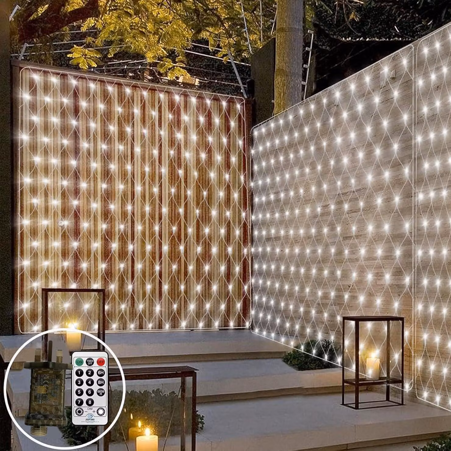Catena luminosa LED da esterno, 3x2 metri, 200 luci, bianca, modulare, con telecomando