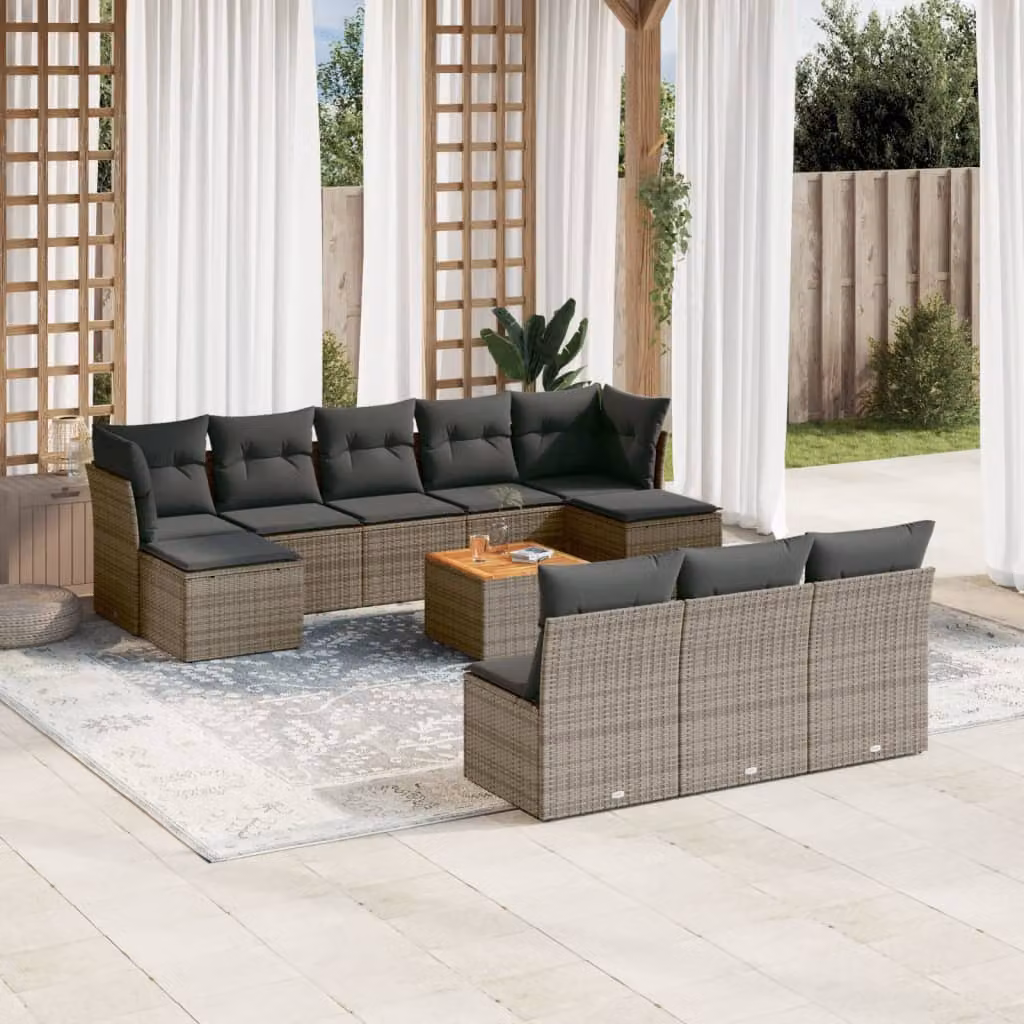 vidaXL Set Divani da Giardino 11 pz in Polyrattan Grigio con Cuscini e Tavolino – 1
