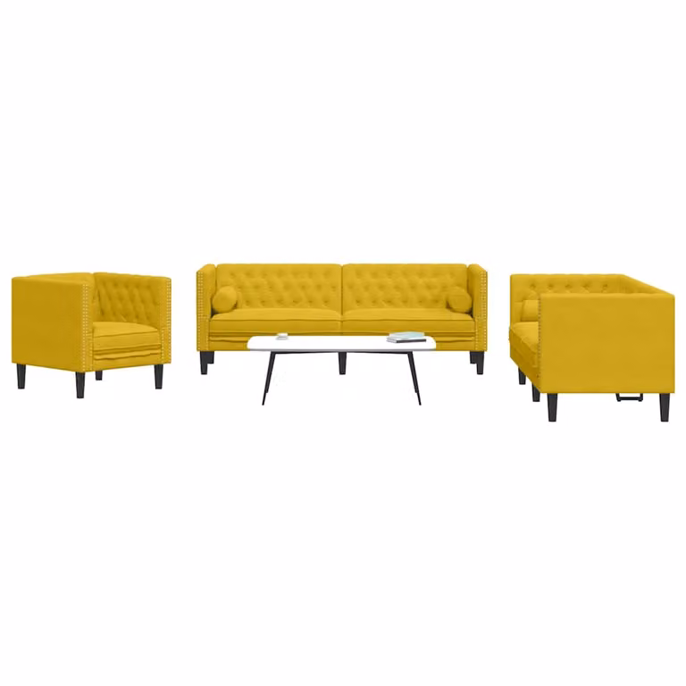 Set di Divani Chesterfield vidaXL in Velluto Giallo con Cuscini, Composto da Divano a 3 Posti e Divano a 2 Posti con Struttura in Legno Solido