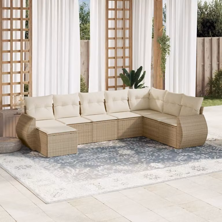 vidaXL Set Divano da Giardino a L 8 pz con Cuscini Beige e Ottoman in Polyrattan e Metallo