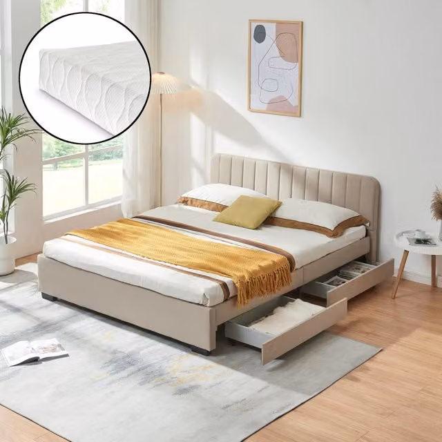 Letto Matrimoniale Nofrenna con Materasso 160x200 cm 4 Cassetti e Testiera - Beige [en.casa]