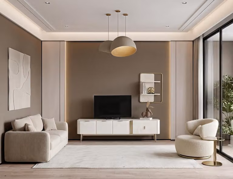 Mobile TV a basso, set di mensole a parete, design moderno, beige, elegante, lussuoso, mobile contenitore per soggiorno