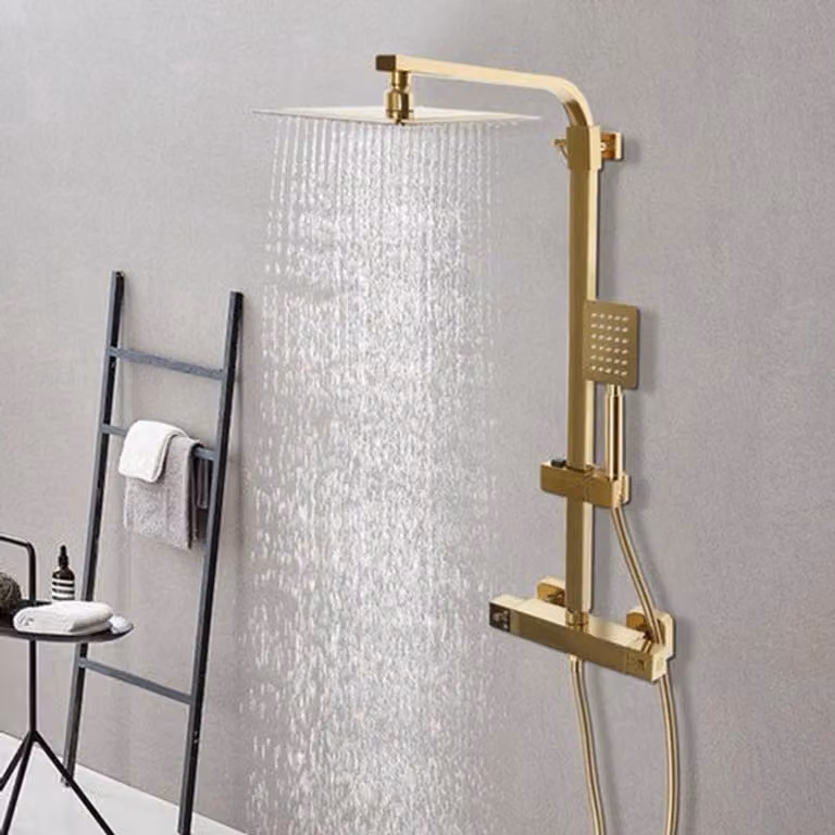 Set doccia a soffitto - Con termostato - Doccia principale quadrata da 20 cm - Ottone - Finitura dorata - Per bagno