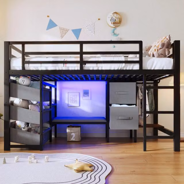 Letto rialzato singolo 90 x 200 cm in metallo nero; LED multicolore; cuscino e spazio contenitore; senza materasso