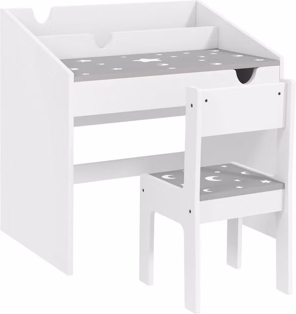 Set Sedia e Tavolino per Bambini AIYAPLAY in Legno Grigio e Bianco con Organizzatore e Cassetto Estraibile per Età 3-6 Anni