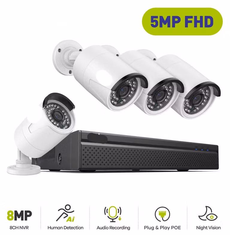 Sistema di videosorveglianza - Kit telecamere PoE - Registratore NVR a 8 canali - 4 telecamere - Senza disco rigido
