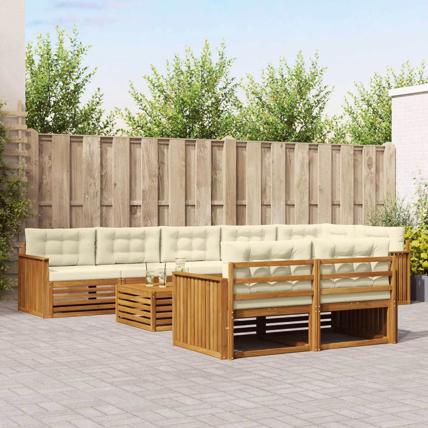 Set di divani da esterno vidaXL 9 pz in legno di acacia con cuscini e tavolino, forma a U, colori beige, bianco e marrone