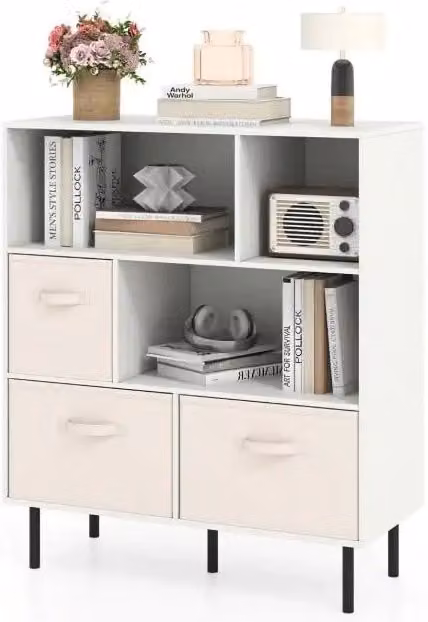Libreria a 3 ripiani bianca con 3 cassetti in tessuto rimovibili e pieghevoli, 6 scomparti, 5 gambe in metallo, salvaspazio per casa e ufficio