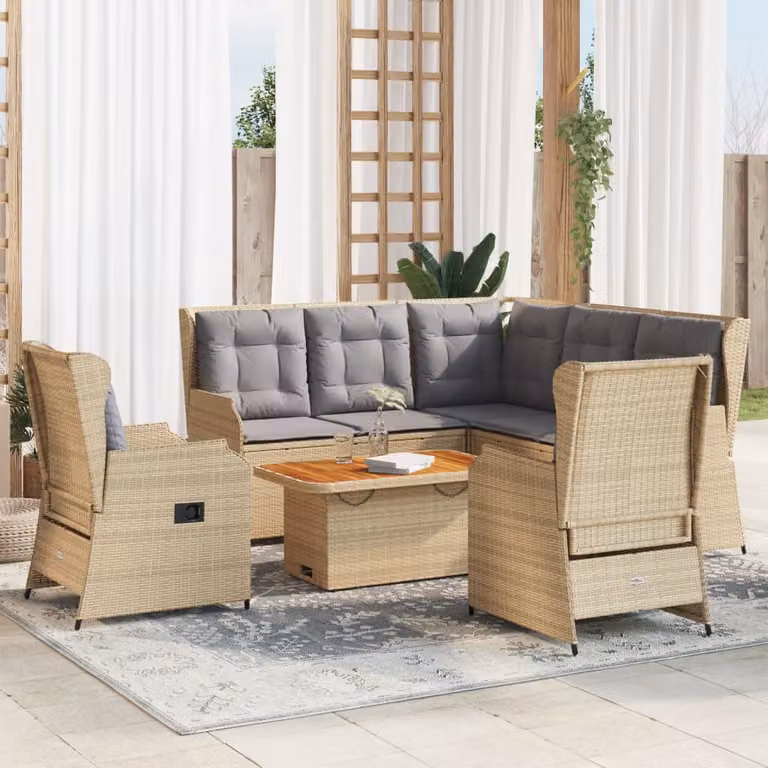 Set da esterno esclusivo per lounge, composto da 6 pezzi, con cuscini, in rattan sintetico beige