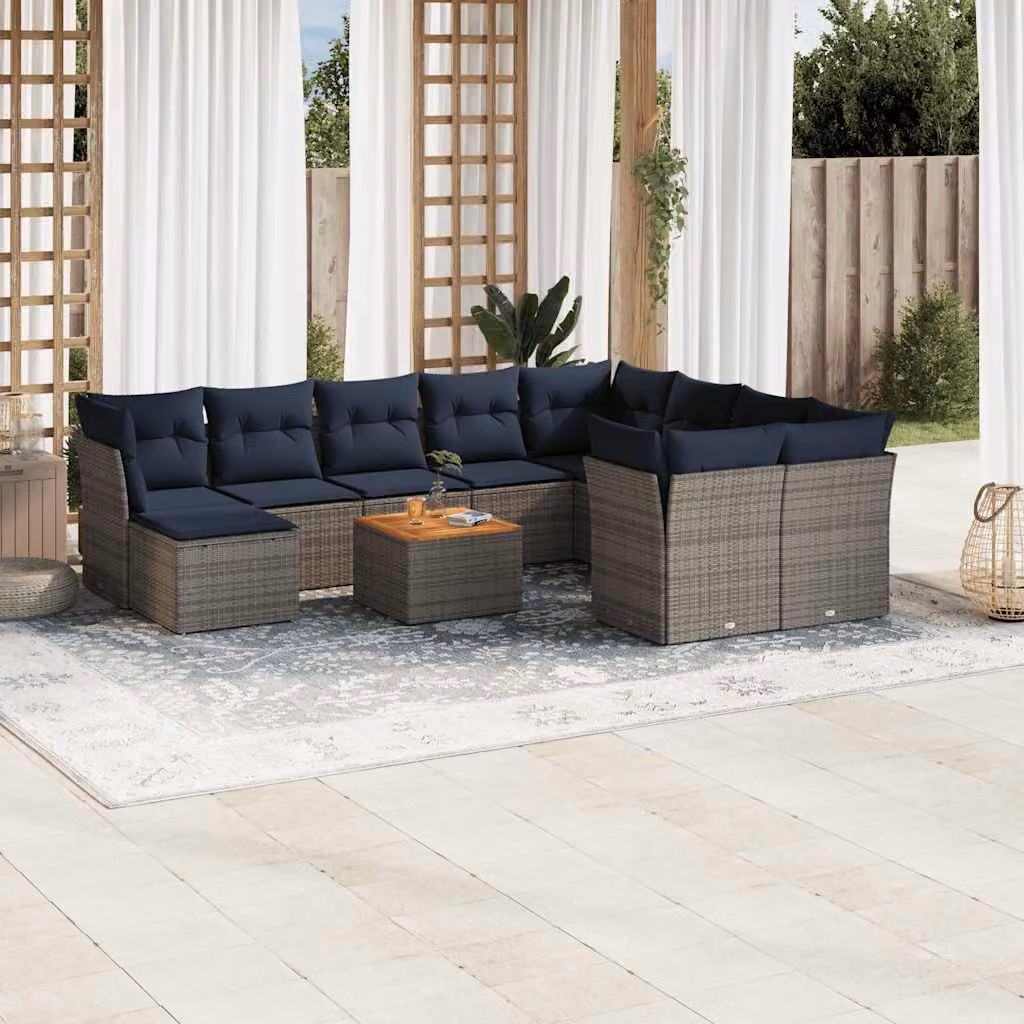 Set di divani da giardino vidaXL 11 pezzi in polyrattan grigio con cuscini e tavolino da esterno a forma di L