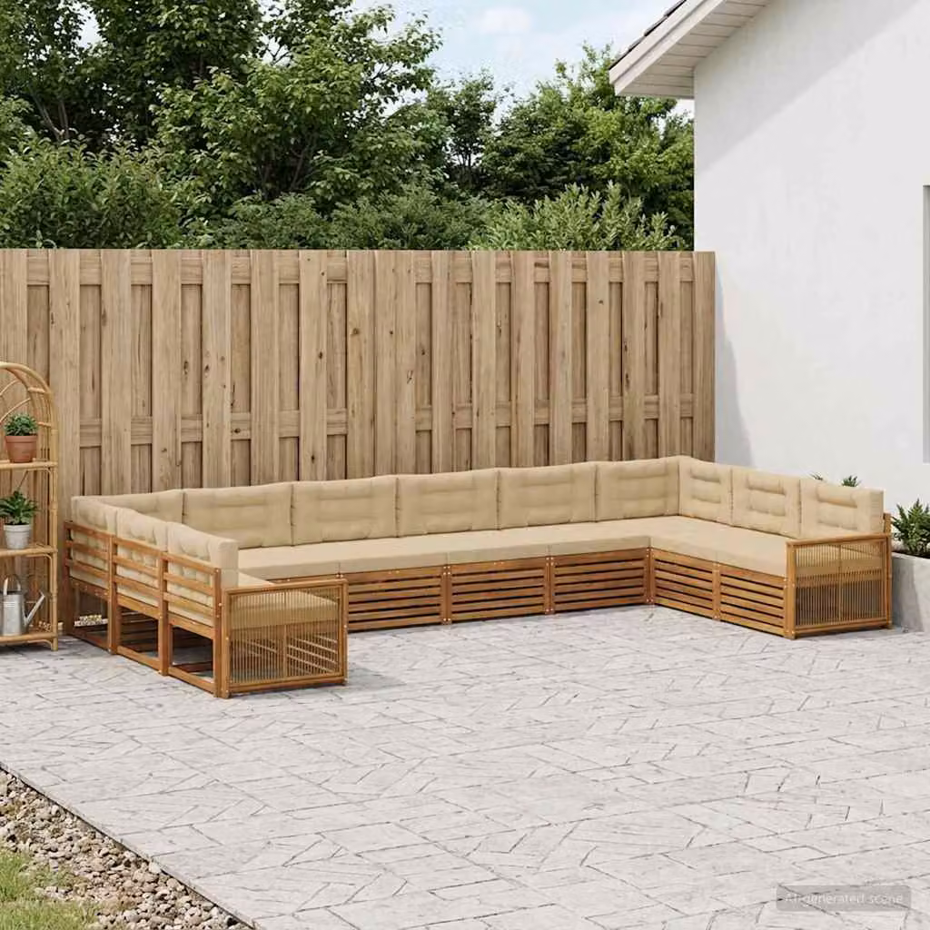 Set di divani da giardino vidaXL in legno di acacia massello, 10 pezzi, forma a L con cuscini inclusi, colore marrone e beige