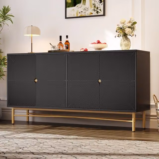 Madia REDOM moderna in MDF e legno con finitura lucida nera e dettagli oro, L: 160 cm, P: 40 cm, H: 82 cm