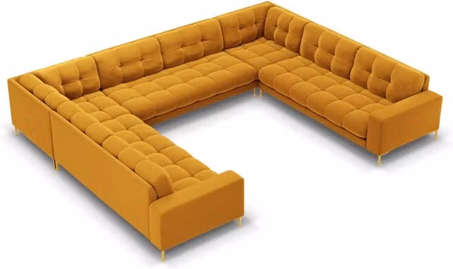 Divano panoramico Bali da 9 posti Cosmopolitan Design in velluto giallo e oro L/P/H: 327 x 159 x 75 cm