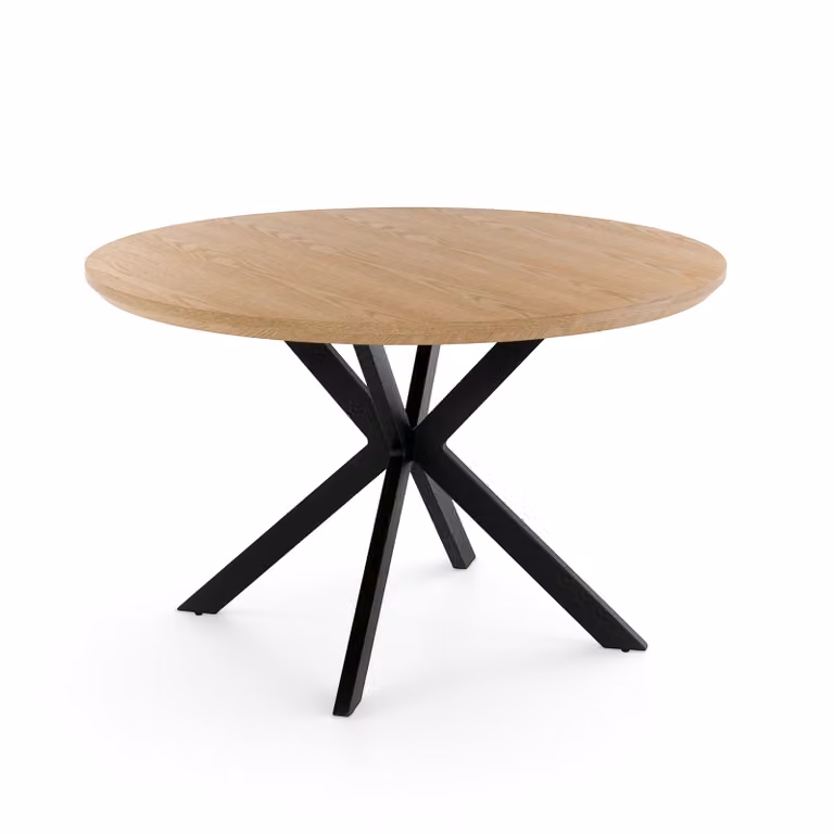 Tavolo rotondo GIRAGLIA in legno impiallacciato rovere e gambe a X in metallo verniciato nero, Ø100xH76 cm