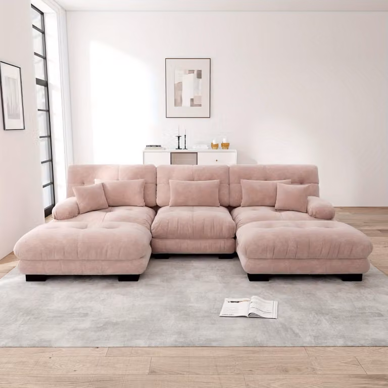 Divano angolare a forma di "U" con poggiapiedi grigio, trasformabile in letto e con seduta confortevole