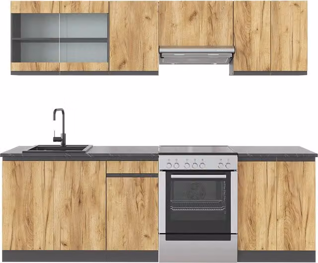 Cucina componibile R-Line Rovere dorato/Antracite 240 cm J-Shape Vicco