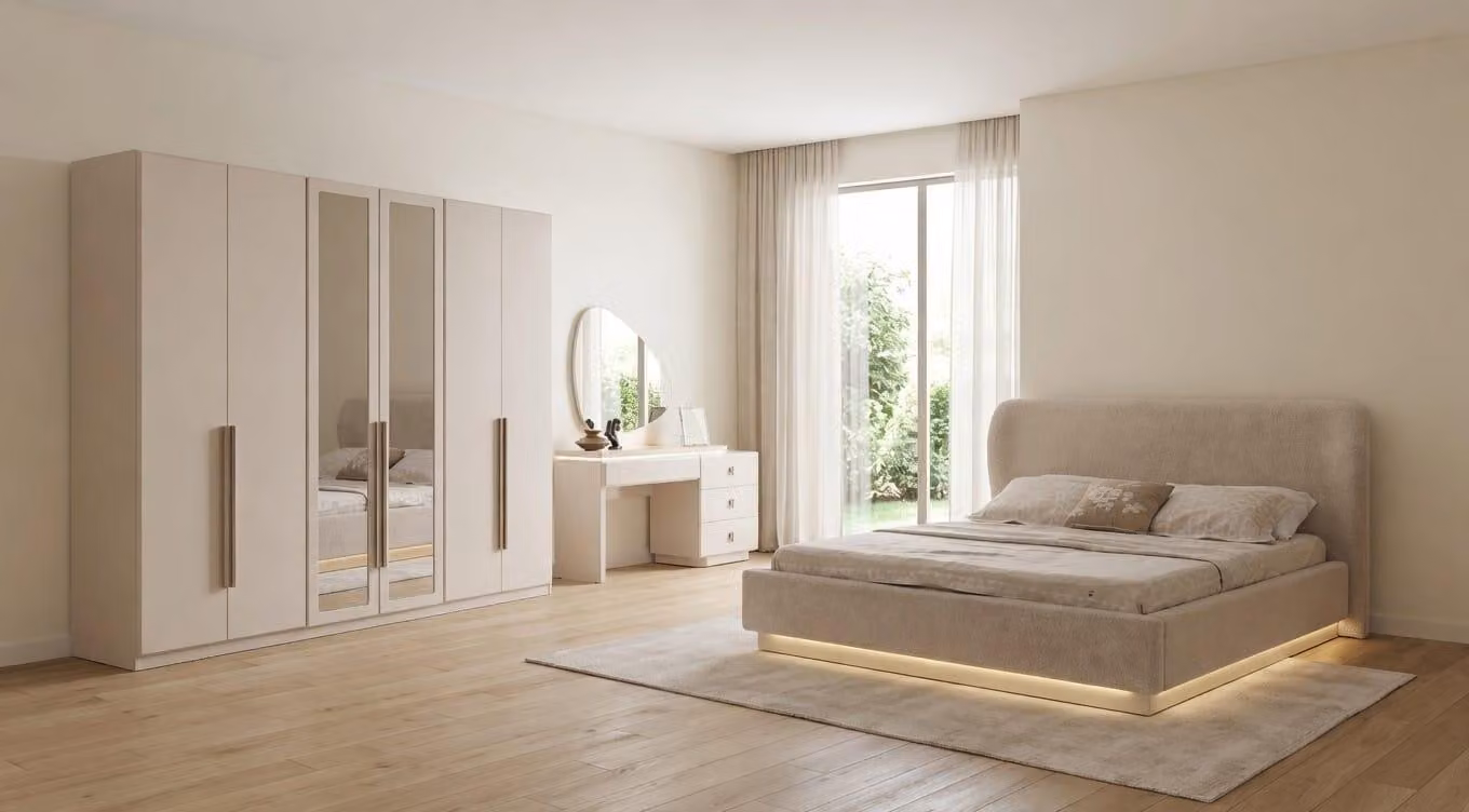 Set completo per camera da letto elegante, color beige, composto da: armadio a 6 ante e letto imbottito con illuminazione LED