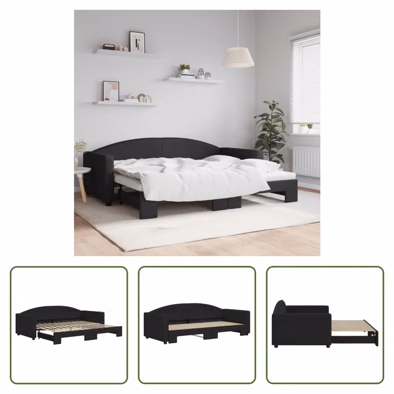 The Living Store letto da giorno allungabile nero 90x200 cm in tessuto