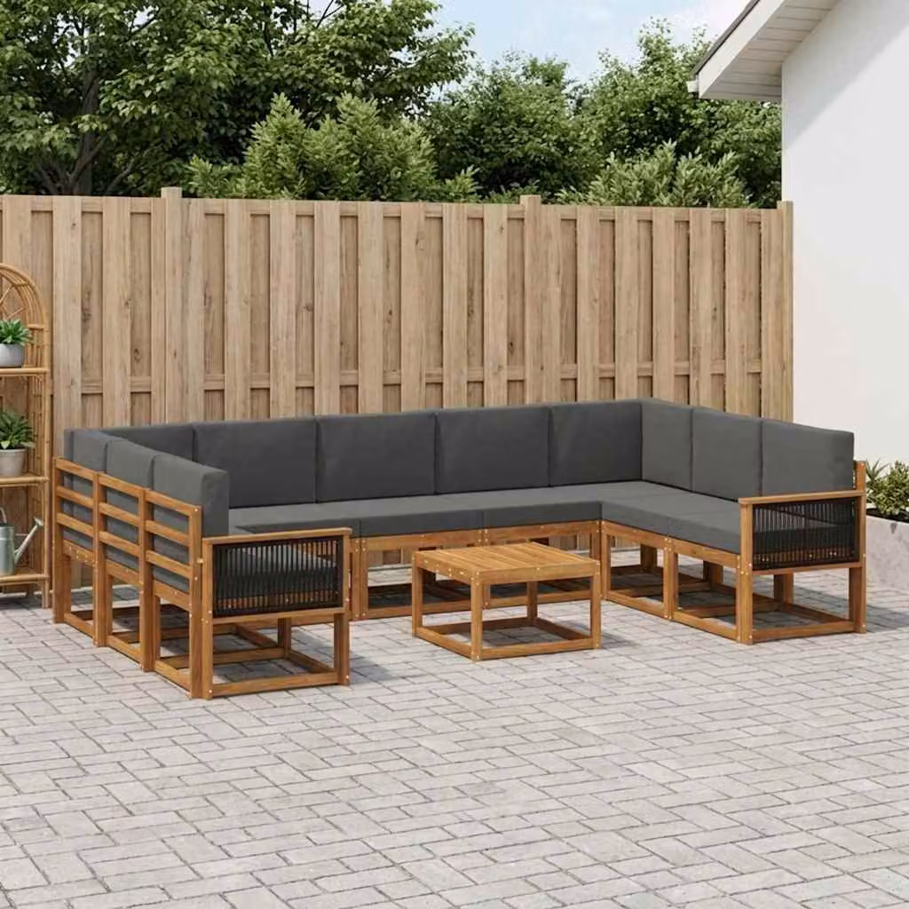 vidaXL Set di divani da esterno a L in legno di acacia con tavolino e cuscini, Marrone e Antracite