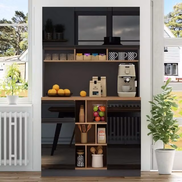 Credenza cucina 105 x 45 x 185 cm con ripiani regolabili e cassetto; grigio antracite e nero lucido