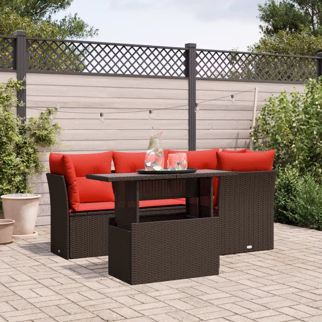 Set di divani da giardino vidaXL composto da 5 pezzi con cuscini in polyrattan marrone e struttura in metallo