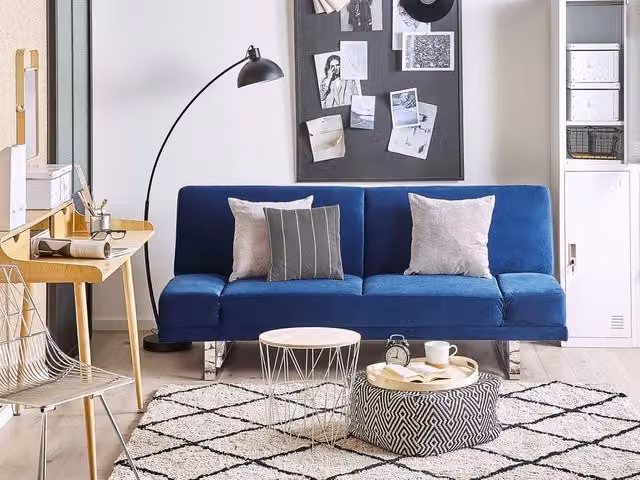 Divano Letto Beliani in Velluto Blu con Meccanismo Click Clack e Poggiatesta Regolabile