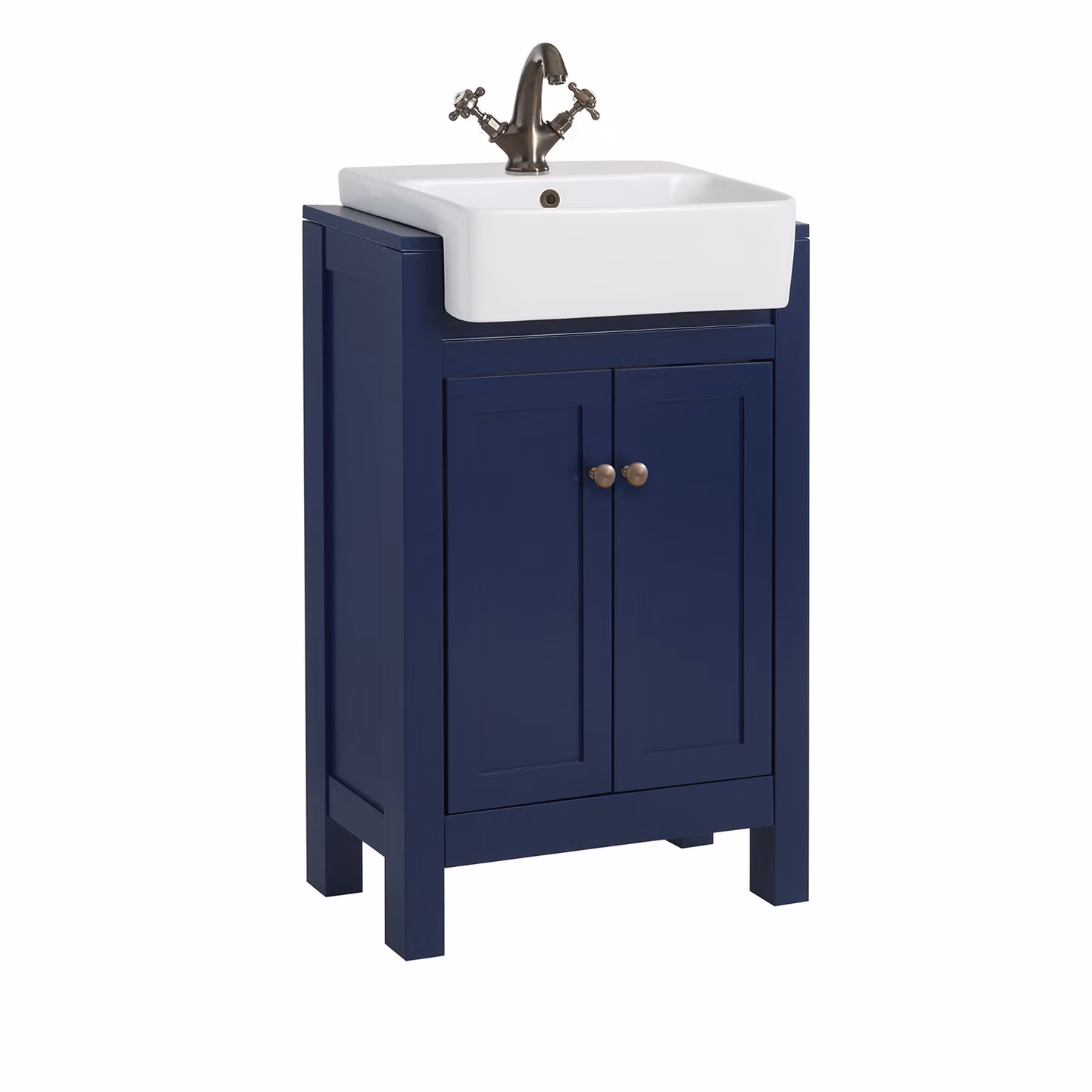 Mobile Bagno Blu Marino da 550mm con Lavabo e  Maniglia Classica Rotonda in Bronzo Spazzolato - Warwick