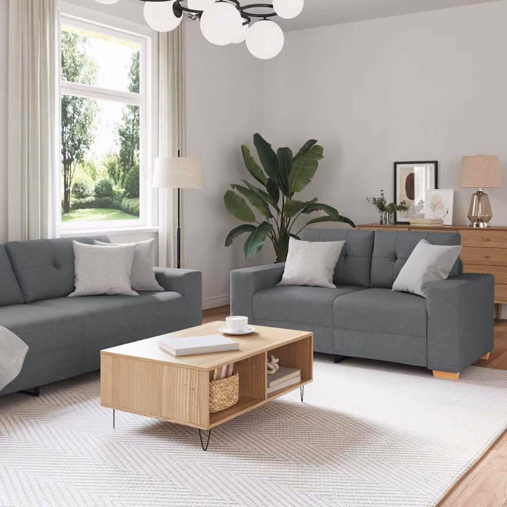 Set di divani vidaXL da 2 pezzi in tessuto grigio con cuscini e struttura in legno e metallo per soggiorno