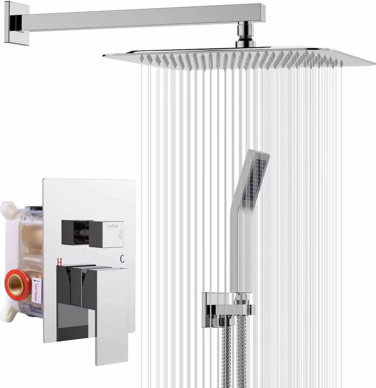 Set di miscelatori da incasso per doccia Rainsworth, soffione a pioggia quadrato 25x25 cm con tecnologia Air Injection all'avanguardia, acciaio inox e ottone di alta qualità