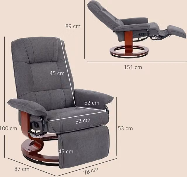 Poltrona Relax Girevole in Tessuto Effetto Lino con Supporto in Legno e Poggiapiedi, Schienale Alto, Grigia
