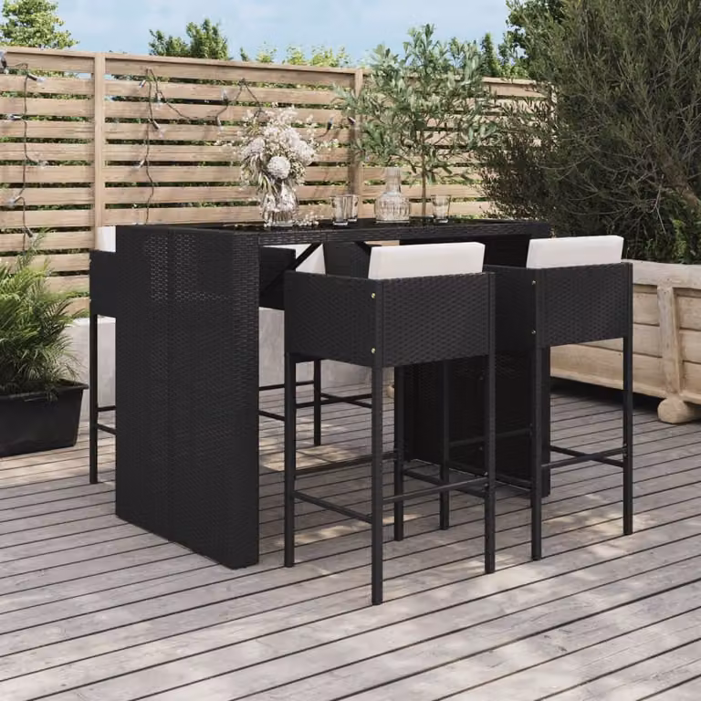 Set Bar da Giardino vidaXL in Polyrattan Nero con Cuscini e Piano in Vetro