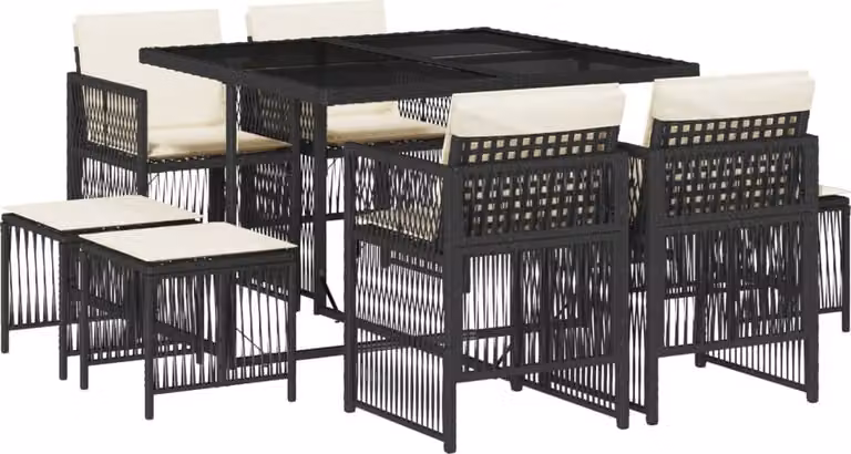 Set da Pranzo da Giardino 9 pz con Cuscini Nero in Polyrattan