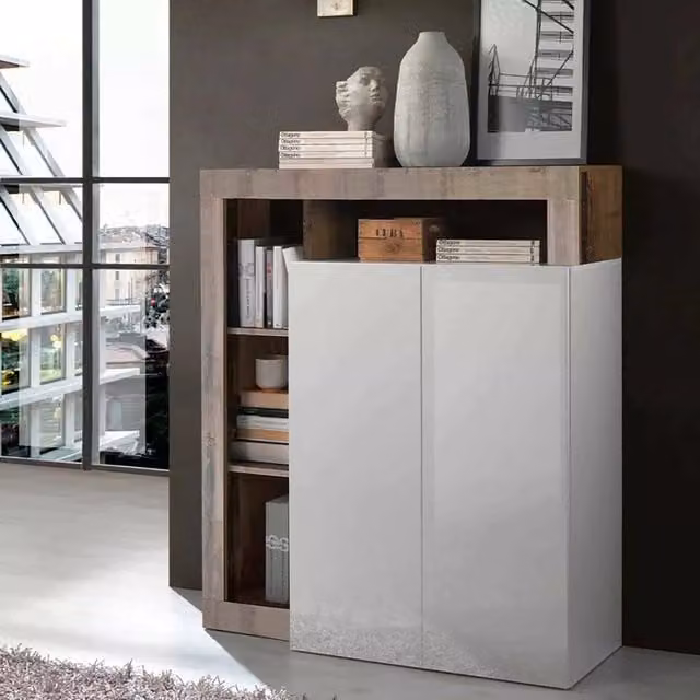 Madia Smeraldo DMORA con 5 ripiani, Credenza moderna in bianco lucido e acacia, L: 108 cm, P: 42 cm, H: 127 cm