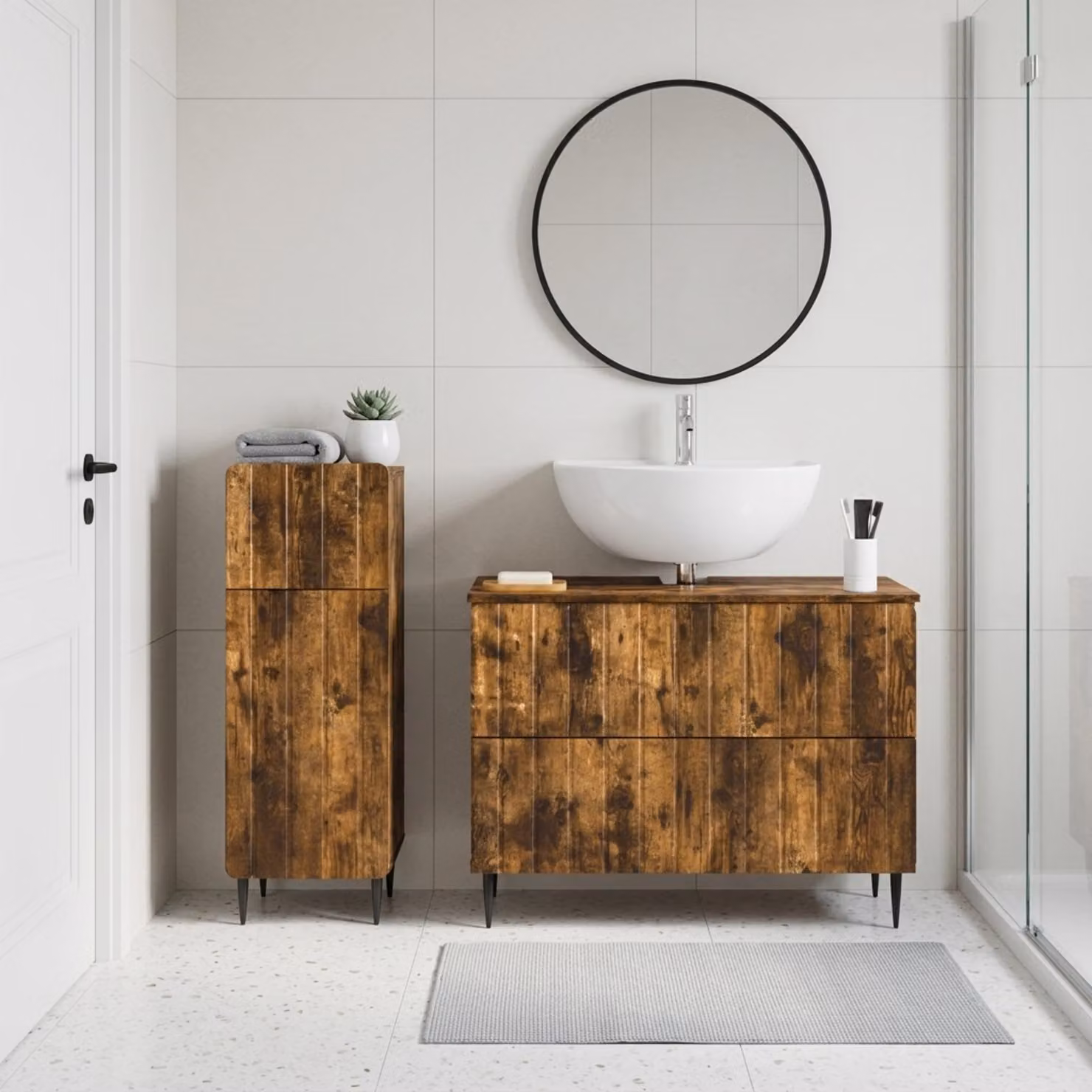 Set di mobili da bagno vidaXL ZWOLLE composto da 2 pezzi in legno Rovere Fumo marrone con mobile sottolavabo e mobileto laterale moderno