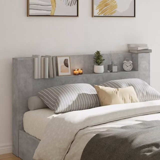 Testiera decorativa vidaXL in legno multistrato grigio cemento con illuminazione integrata e mensola, L 180 x P 16,5 x H 103,5 cm
