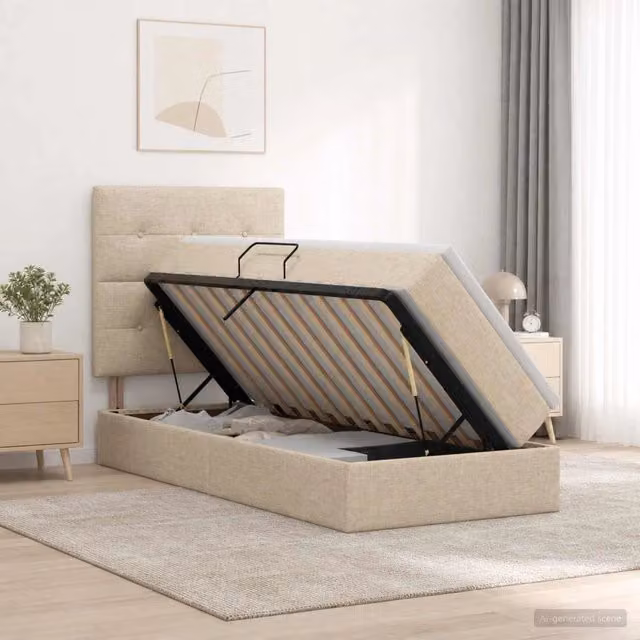 Letto con contenitore vidaXL in tessuto beige con base a sollevamento L: 90 cm, P: 194 cm, H: 128 cm