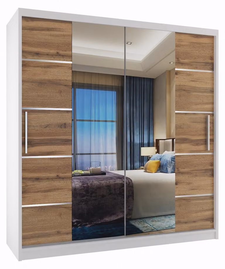 BELINI Verona, armadio scorrevole da 158 cm, bianco/oro bronzato opaco - armadio con specchio e 2 cassetti, ideale per la camera da letto