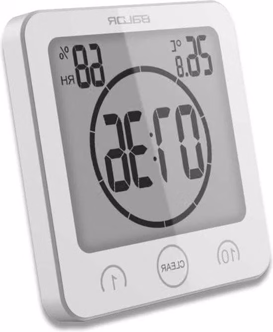 Orologio digitale da bagno e da cucina con ampio display e touchscreen - Indicatore di temperatura e umidità - Bianco